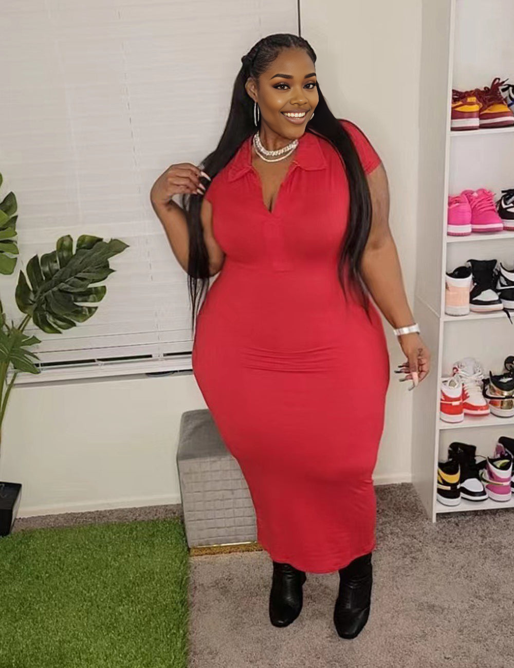 Women Plus Size Solid Color V Neck Casual Dress