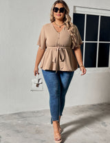Women Plus Size Solid Color V Neck Short Sleeve Tops