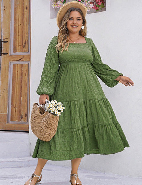 Women Plus Size Solid Textured Square Neck Maxi Dress