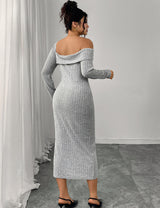 Women Plus Size Square Neck Long Sleeve Slit Dress