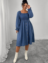 Women Plus Size Square Neck Smocked Button Down Midi Dress
