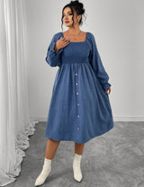 Women Plus Size Square Neck Smocked Button Down Midi Dress
