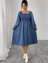 Women Plus Size Square Neck Smocked Button Down Midi Dress