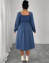 Women Plus Size Square Neck Smocked Button Down Midi Dress