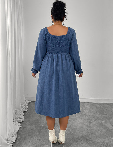 Women Plus Size Square Neck Smocked Button Down Midi Dress