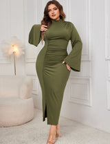 Women Plus Size Stand Collar Wide Sleeve Pleated Maxi Dress