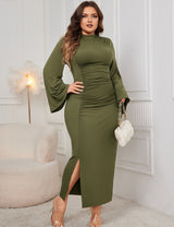 Women Plus Size Stand Collar Wide Sleeve Pleated Maxi Dress