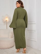 Women Plus Size Stand Collar Wide Sleeve Pleated Maxi Dress