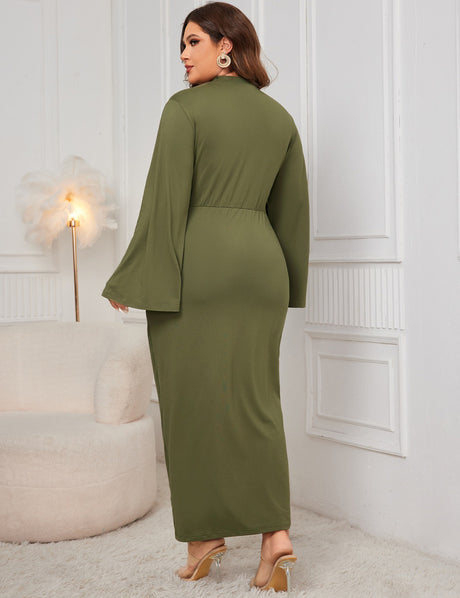 Women Plus Size Stand Collar Wide Sleeve Pleated Maxi Dress