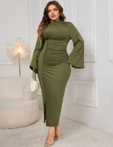 Women Plus Size Stand Collar Wide Sleeve Pleated Maxi Dress