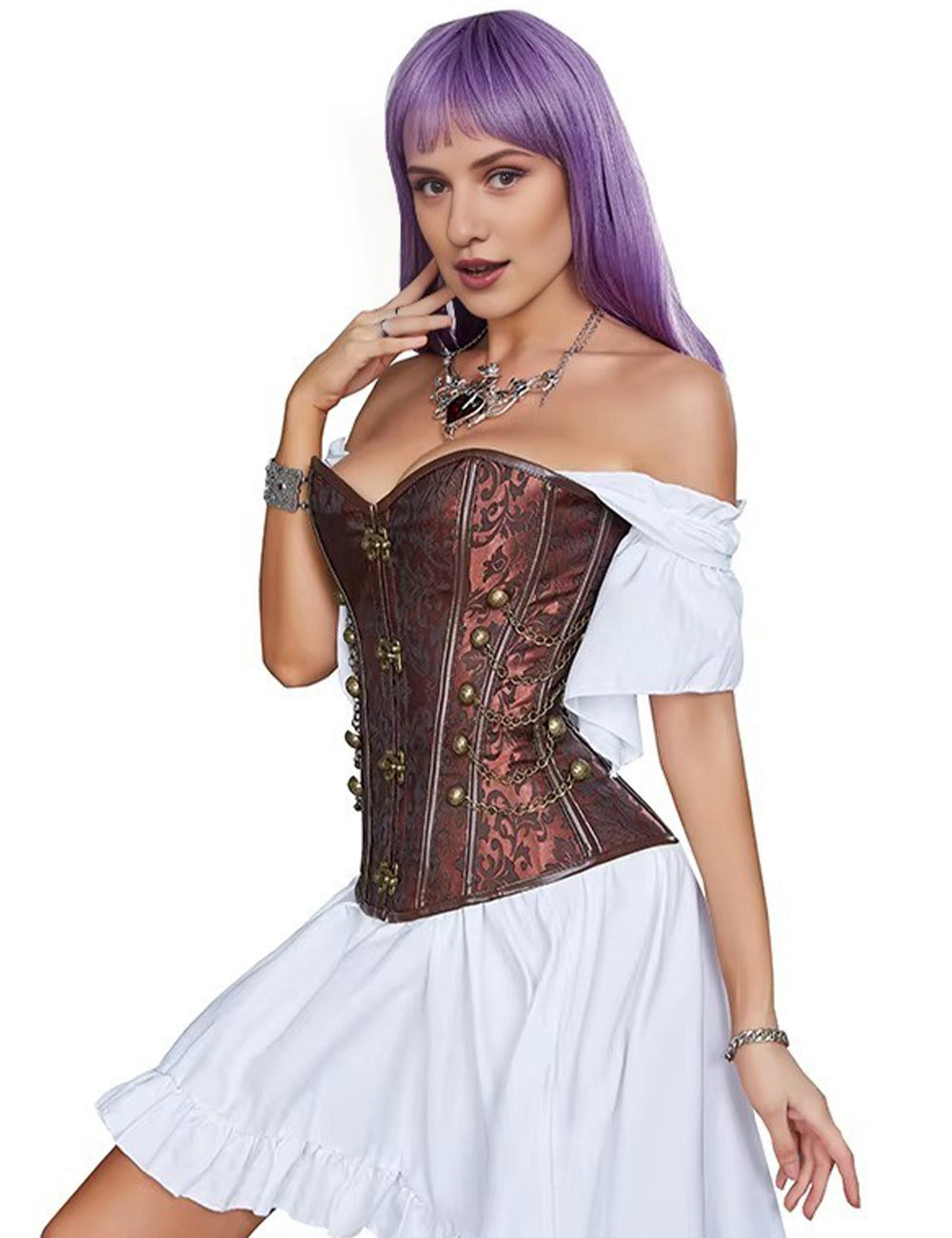 Women Plus Size Steampunk Brocade Corset with Chains