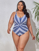 Women Plus Size Striped Crossover Swimsuit-2