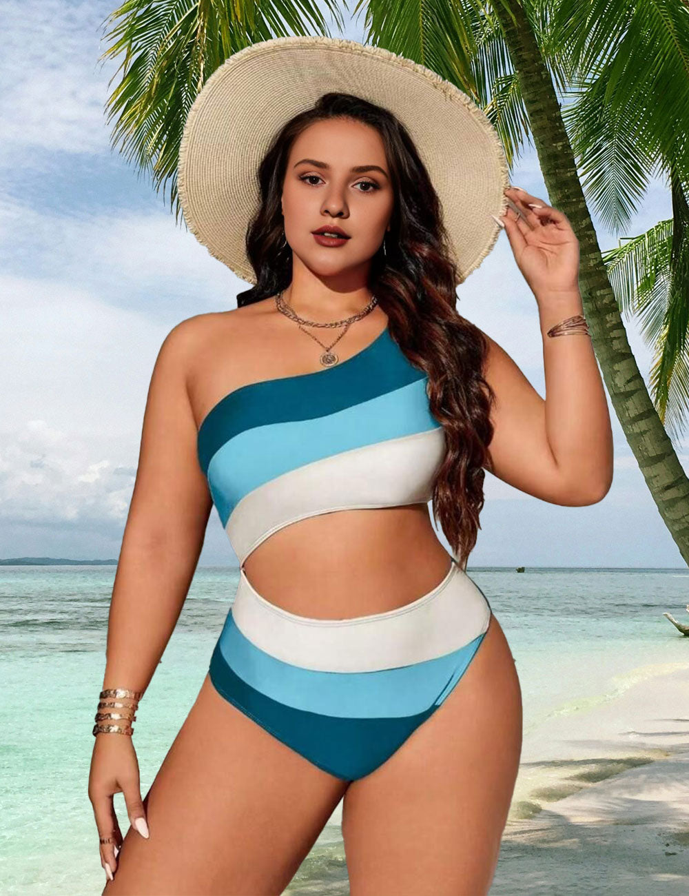 Women_Plus_Size_Striped_Patchwork_Hollow_Out_One-Piece_Swimsuit_1