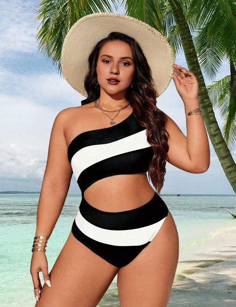 Women_Plus_Size_Striped_Patchwork_Hollow_Out_One-Piece_Swimsuit_5