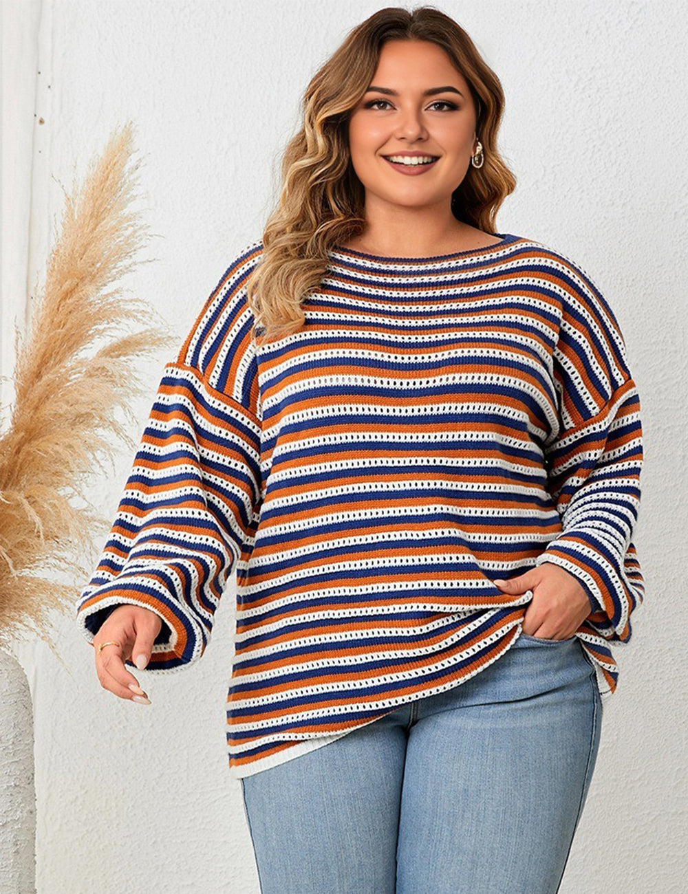 Women Plus Size Striped Round Neck Casual Knit Sweater