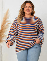Women Plus Size Striped Round Neck Casual Knit Sweater