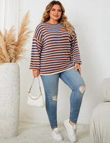 Women Plus Size Striped Round Neck Casual Knit Sweater