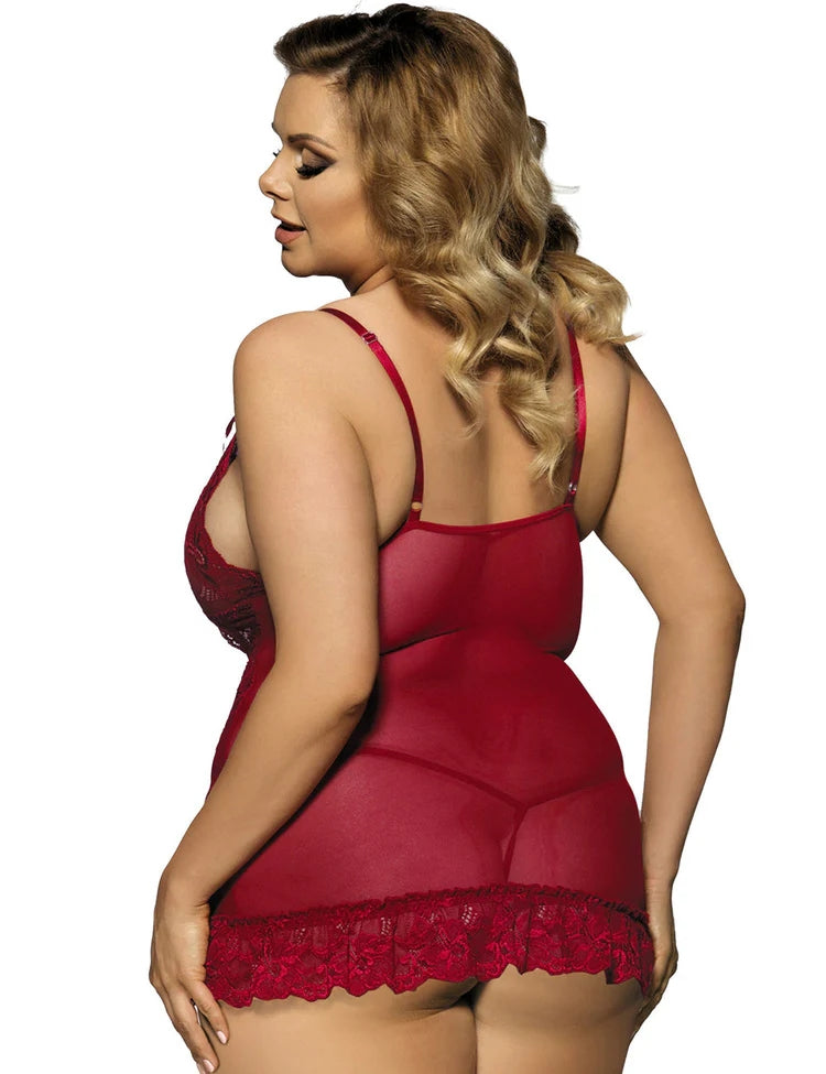 Women Plus Size Stylish Sheer Lace Transparent Embroidered Babydoll-5