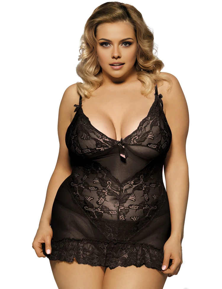 Women Plus Size Stylish Sheer Lace Transparent Embroidered Babydoll