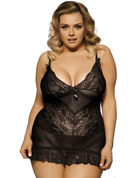 Women Plus Size Stylish Sheer Lace Transparent Embroidered Babydoll