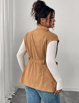 Women Plus Size Suede Brown Belted Lapel Vest Coat