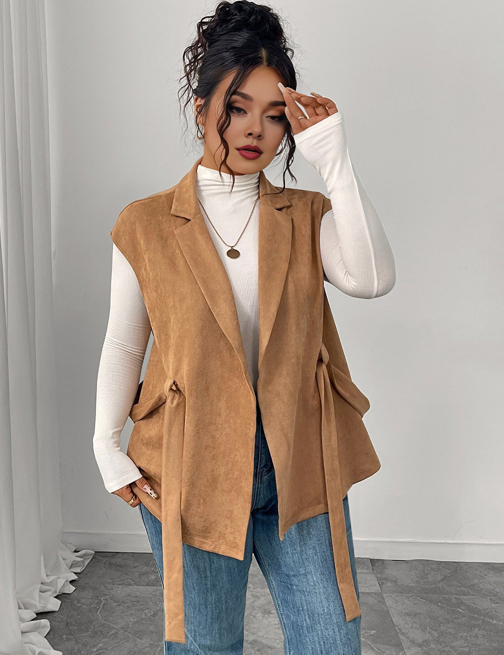 Women Plus Size Suede Brown Belted Lapel Vest Coat