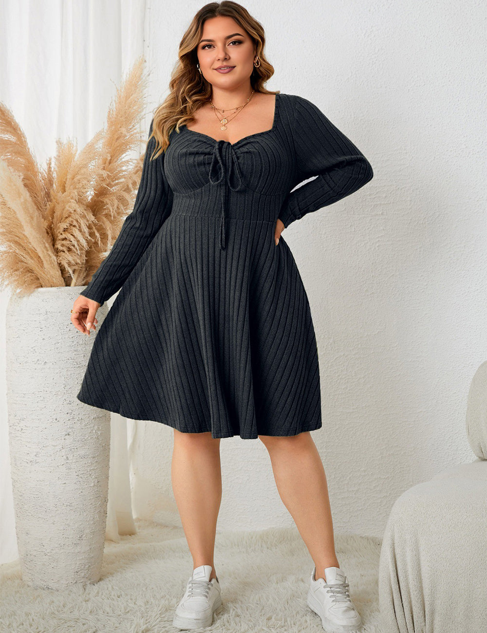 Women Plus Size Sweater Skater Long Sleeve Dress