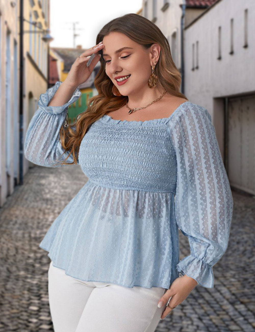 Women_Plus_Size_Swiss_Dot_Shirred_Peplum_Blouse_PRUSES_8