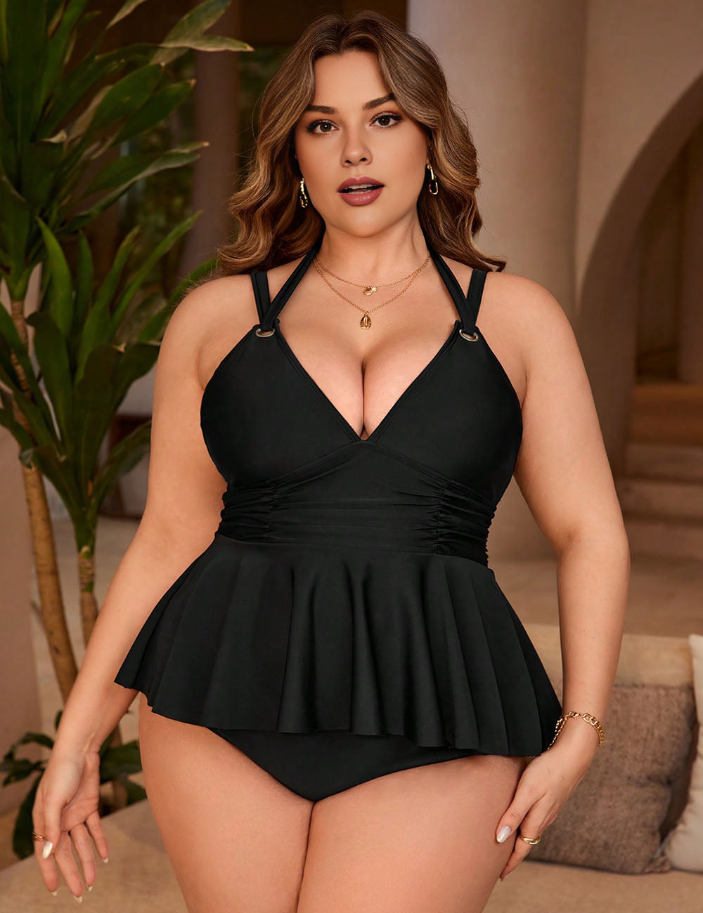 Women Plus Size Tankini Two-Piece Black Briefs Swimsuit