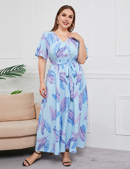 Women Plus Size Temperament Print High Waist V Neck Dress-1