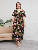 Women Plus Size Temperament Print High Waist V Neck Dress-45