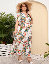 Women Plus Size Temperament Print High Waist V Neck Dress-47