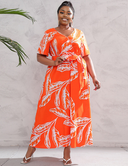Women Plus Size Temperament Print High Waist V Neck Dress-48