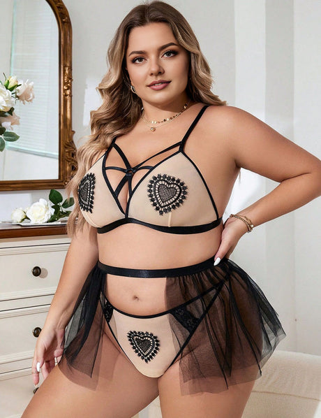 Women Plus Size Three-Point Sexy Lace BraSet with Short Skirt-3