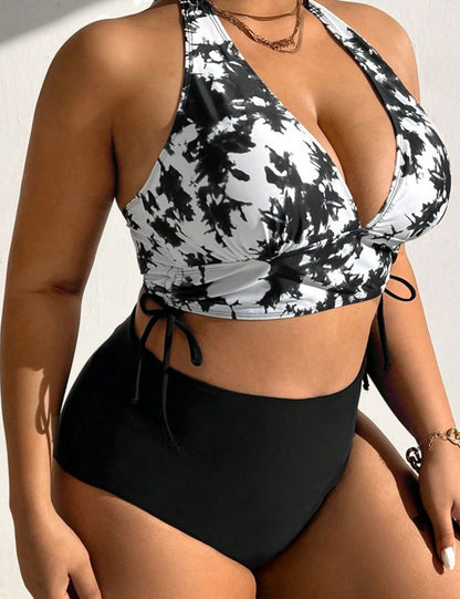 Women_Plus_Size_Tie-Dye_Halter_Top_And_Solid_Color_Bottom_Bikini_Set_4