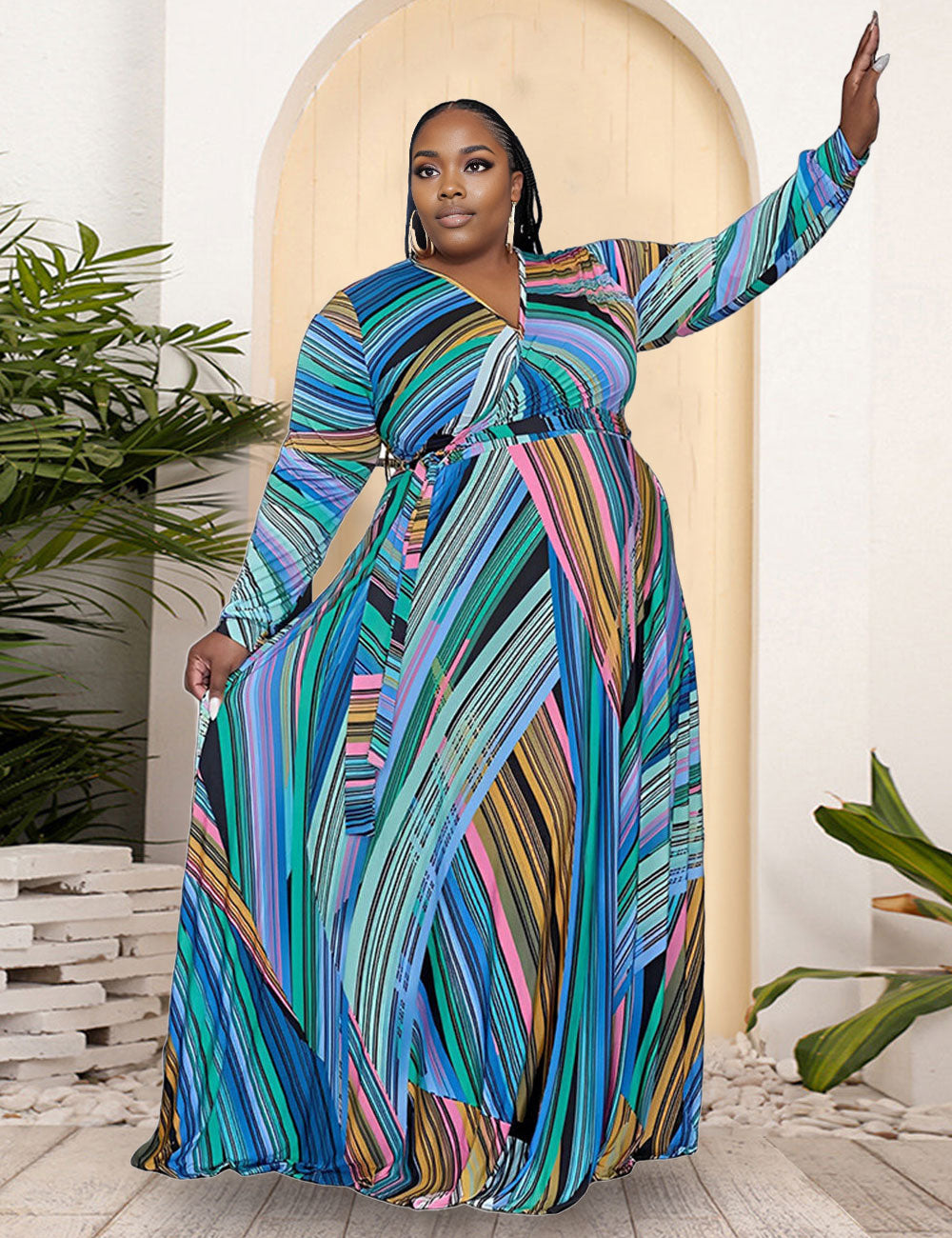 Women Plus Size Trendy V-neck Belt Skirt Dress-2