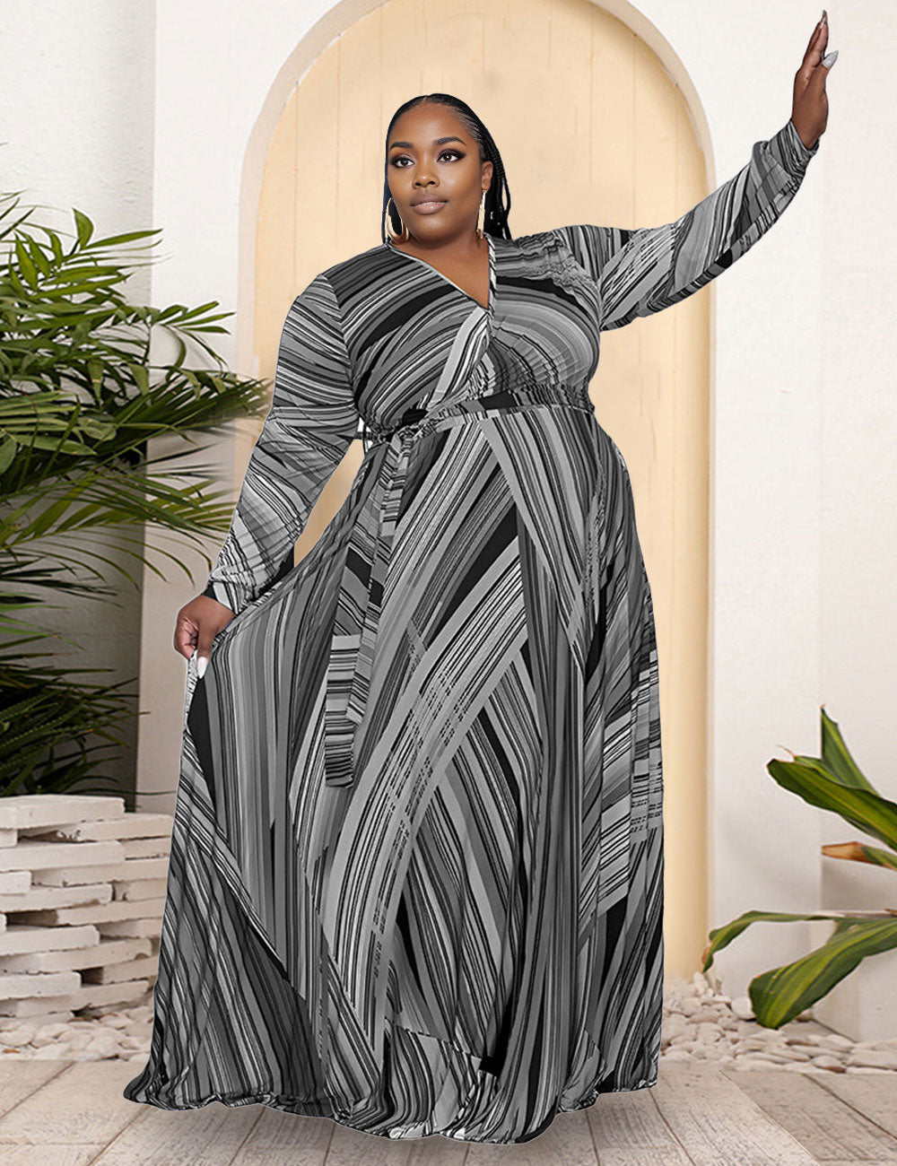 Women Plus Size Trendy V-neck Belt Skirt Dress-3