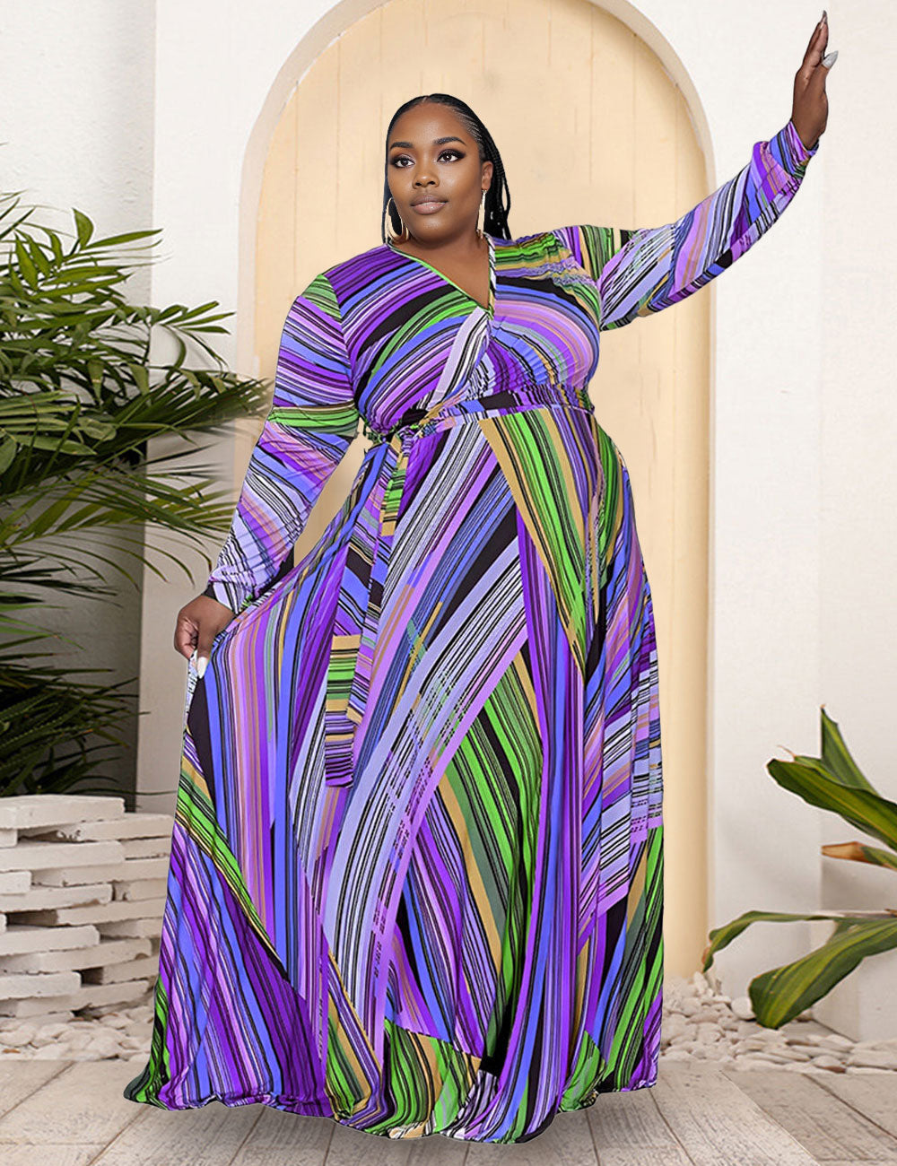 Women Plus Size Trendy V-neck Belt Skirt Dress-4