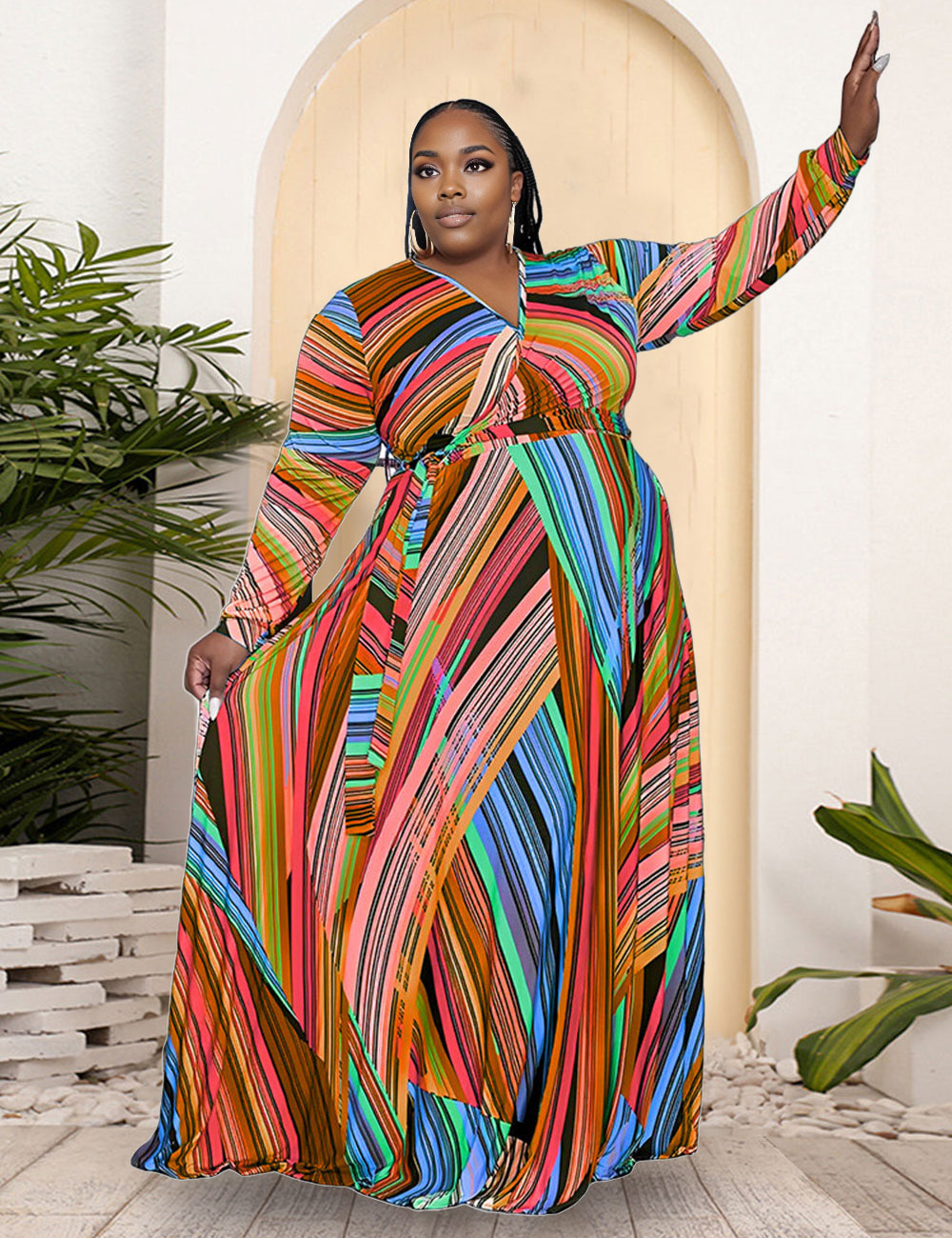 Women Plus Size Trendy V-neck Belt Skirt Dress