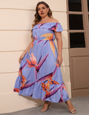 Women Plus Size Tropical Rainforest One Shoulder Print Dress-5