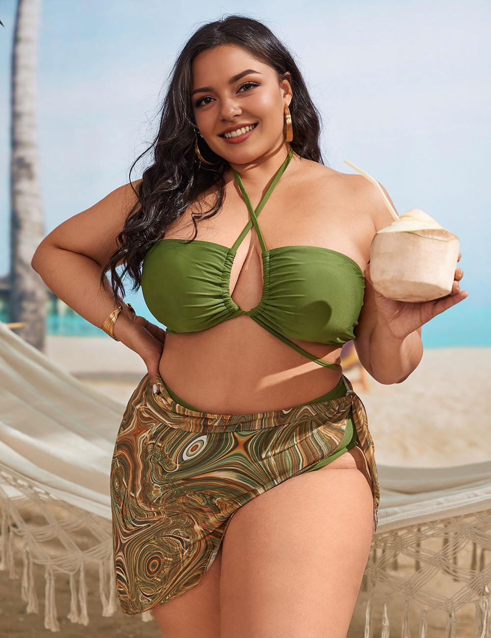 Women Plus Size Two-Piece Swimsuit Bikini Three-Piece Set
