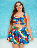 Women Plus Size Two Piece Swimsuit Floral Printed Swimdress Cover Up Skirtini Bathing Suit