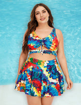 Women Plus Size Two Piece Swimsuit Floral Printed Swimdress Cover Up Skirtini Bathing Suit