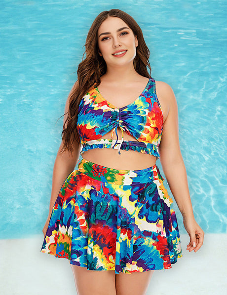 Women Plus Size Two Piece Swimsuit Floral Printed Swimdress Cover Up Skirtini Bathing Suit