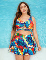 Women Plus Size Two Piece Swimsuit Floral Printed Swimdress Cover Up Skirtini Bathing Suit
