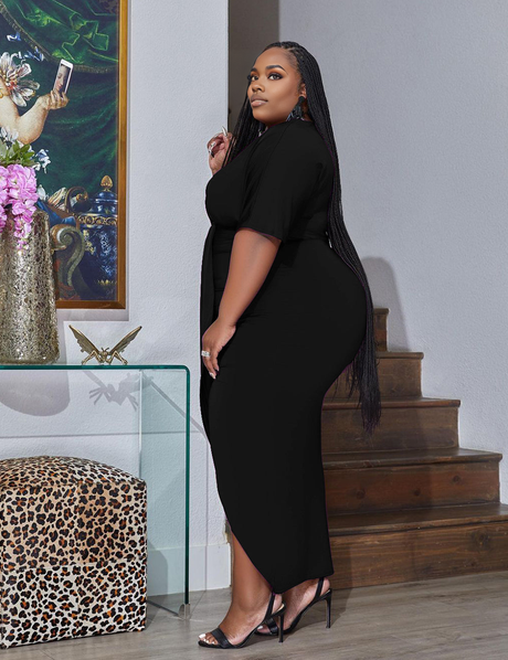 Women Plus Size Urban Style V-neck Wrap Hip Dress-5