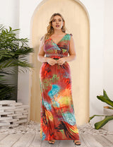 Women Plus Size V-Neck Elastic Waist High Elastic Ice Silk Dress-4