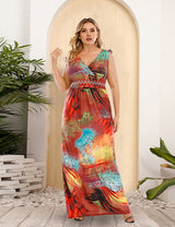 Women Plus Size V-Neck Elastic Waist High Elastic Ice Silk Dress