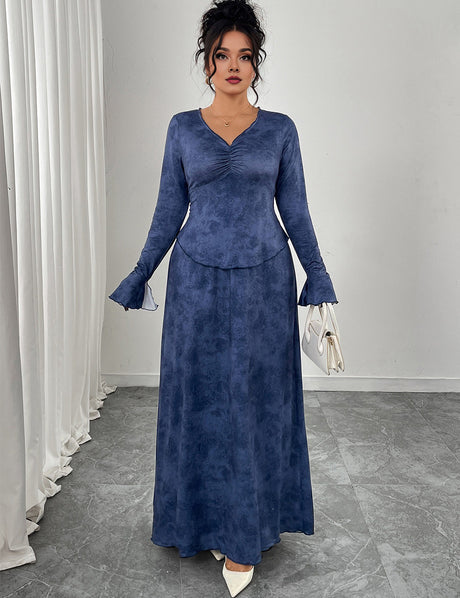 Women Plus Size V-Neck Flare-Sleeve A-Line Maxi Dress
