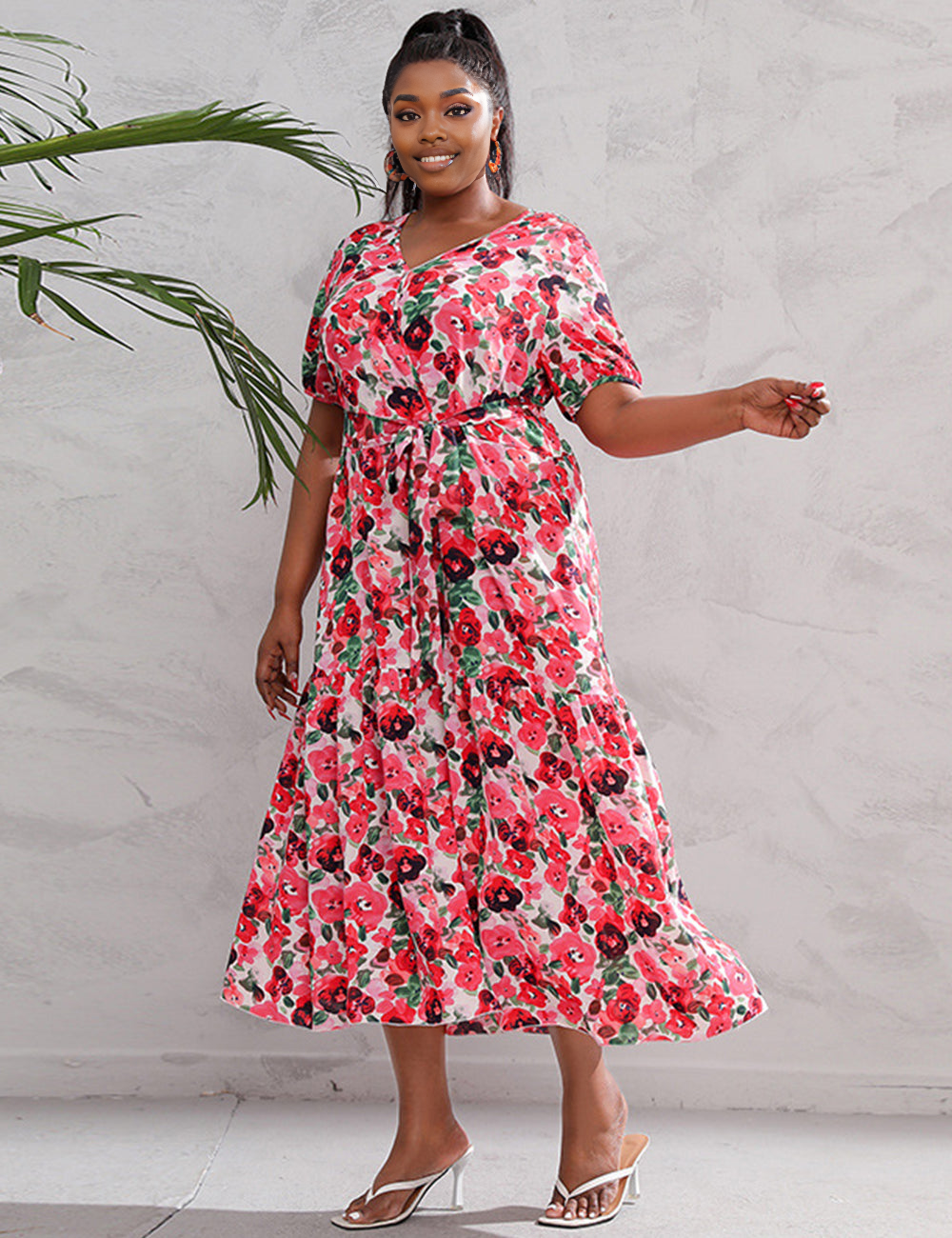 Women Plus Size V-Neck Floral Loose Dress-6